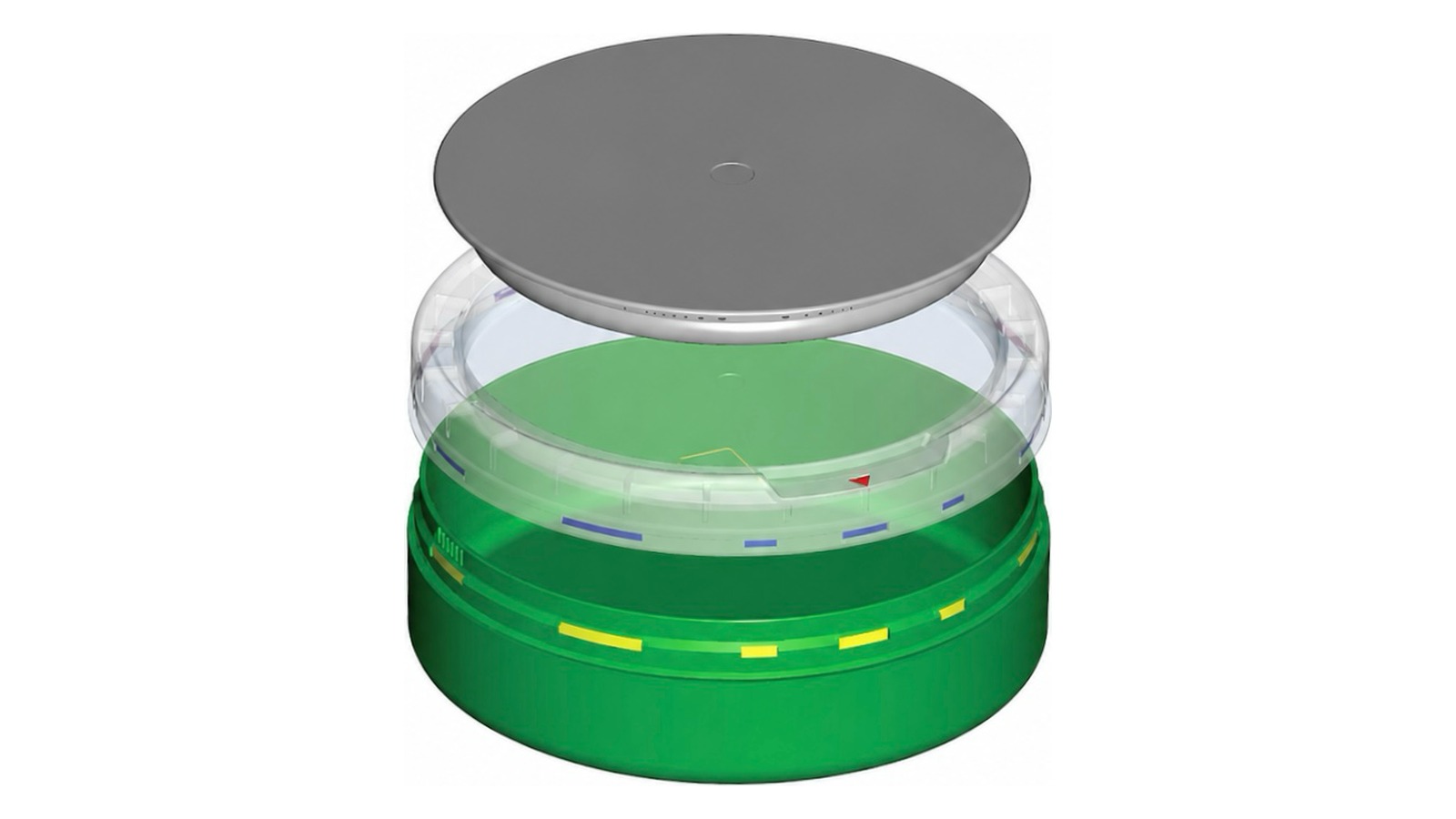 Exploded view of a snus can showing lid, inner liner and base produced from multi-cavity tooling